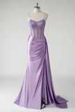 Mermaid Purple Sequined Corset Satin Prom Dress with Sash