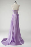 Mermaid Purple Sequined Corset Satin Prom Dress with Sash