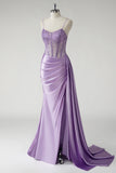 Mermaid Purple Sequined Corset Satin Prom Dress with Sash