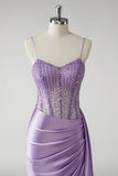 Mermaid Purple Sequined Corset Satin Prom Dress with Sash