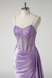 Mermaid Purple Sequined Corset Satin Prom Dress with Sash