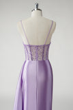 Mermaid Purple Sequined Corset Satin Prom Dress with Sash