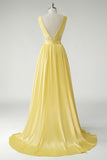 Yellow V Neck A Line Applique Prom Dress