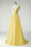 Yellow V Neck A Line Applique Prom Dress