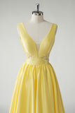 Yellow V Neck A Line Applique Prom Dress