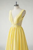 Yellow V Neck A Line Applique Prom Dress