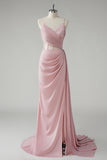 Blush Mermaid Sash Pleated Corset Prom Dress with Slit