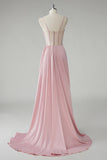 Blush Mermaid Sash Pleated Corset Prom Dress with Slit