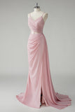 Blush Mermaid Sash Pleated Corset Prom Dress with Slit