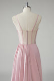 Blush Mermaid Sash Pleated Corset Prom Dress with Slit