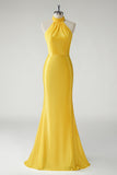 Yellow High Neck Keyhole Back Zipper Mermaid Prom Dress