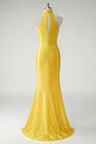 Yellow High Neck Keyhole Back Zipper Mermaid Prom Dress