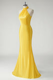 Yellow High Neck Keyhole Back Zipper Mermaid Prom Dress