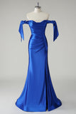 Royal Blue Off The Shoulder Ruched Mermaid Prom Dress with Slit