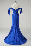 Royal Blue Off The Shoulder Ruched Mermaid Prom Dress with Slit