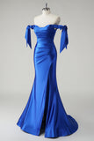 Royal Blue Off The Shoulder Ruched Mermaid Prom Dress with Slit