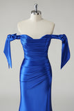 Royal Blue Off The Shoulder Ruched Mermaid Prom Dress with Slit