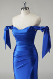 Royal Blue Off The Shoulder Ruched Mermaid Prom Dress with Slit