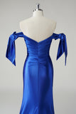 Royal Blue Off The Shoulder Ruched Mermaid Prom Dress with Slit