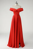 Off the Shoulder A Line Pleated Red Prom Dress with Slit