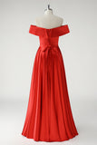 Off the Shoulder A Line Pleated Red Prom Dress with Slit