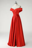 Off the Shoulder A Line Pleated Red Prom Dress with Slit