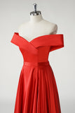 Off the Shoulder A Line Pleated Red Prom Dress with Slit