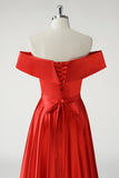 Off the Shoulder A Line Pleated Red Prom Dress with Slit