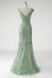 Mermaid Sequined Applique V Neck Green Mother of the Bride Dress