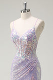 Sparkly Corset Lilac Mermaid Spaghetti Straps Prom Dress with Slit