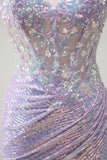 Sparkly Corset Lilac Mermaid Spaghetti Straps Prom Dress with Slit