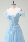 Sparkly Sky Blue Off The Shoulder A-Line Prom Dress with Slit