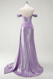 Sparkly Off The Shoulder Lilac Ruched Side Cape Prom Dress with Slit