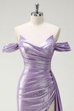 Sparkly Off The Shoulder Lilac Ruched Side Cape Prom Dress with Slit