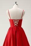 Red Ball-Gown Spaghetti Straps Lace Up Back Long Prom Dress with Slit