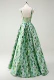 Sparkly Green Floral A-Line Spaghetti Straps Long Prom Dress