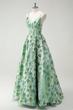 Sparkly Green Floral A-Line Spaghetti Straps Long Prom Dress