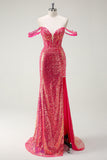 Sparkly Fuchsia Mermaid Sequined Off The Shoulder Prom Dress