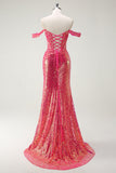 Sparkly Fuchsia Mermaid Sequined Off The Shoulder Prom Dress