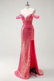 Sparkly Fuchsia Mermaid Sequined Off The Shoulder Prom Dress