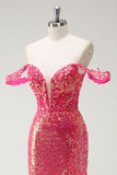 Sparkly Fuchsia Mermaid Sequined Off The Shoulder Prom Dress