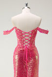 Sparkly Fuchsia Mermaid Sequined Off The Shoulder Prom Dress