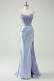 Mermaid Corset Applique Light Blue Prom Dress with Slit