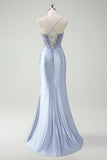 Mermaid Corset Applique Light Blue Prom Dress with Slit