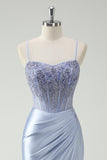 Mermaid Corset Applique Light Blue Prom Dress with Slit