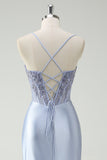 Mermaid Corset Applique Light Blue Prom Dress with Slit