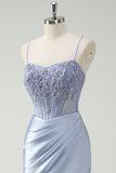 Mermaid Corset Applique Light Blue Prom Dress with Slit