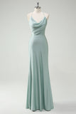 Sage Mermaid Spaghetti Straps Ruched Long Bridesmaid Dress with Lace Up Back