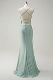 Sage Mermaid Spaghetti Straps Ruched Long Bridesmaid Dress with Lace Up Back