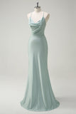 Sage Mermaid Spaghetti Straps Ruched Long Bridesmaid Dress with Lace Up Back